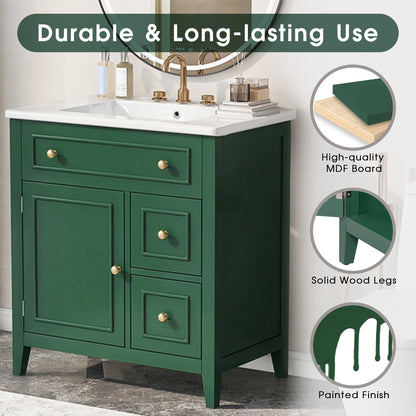 Vimora™ - 30" Green Bathroom Vanity with Sink, Cabinet, and Drawers, Solid Wood Construction