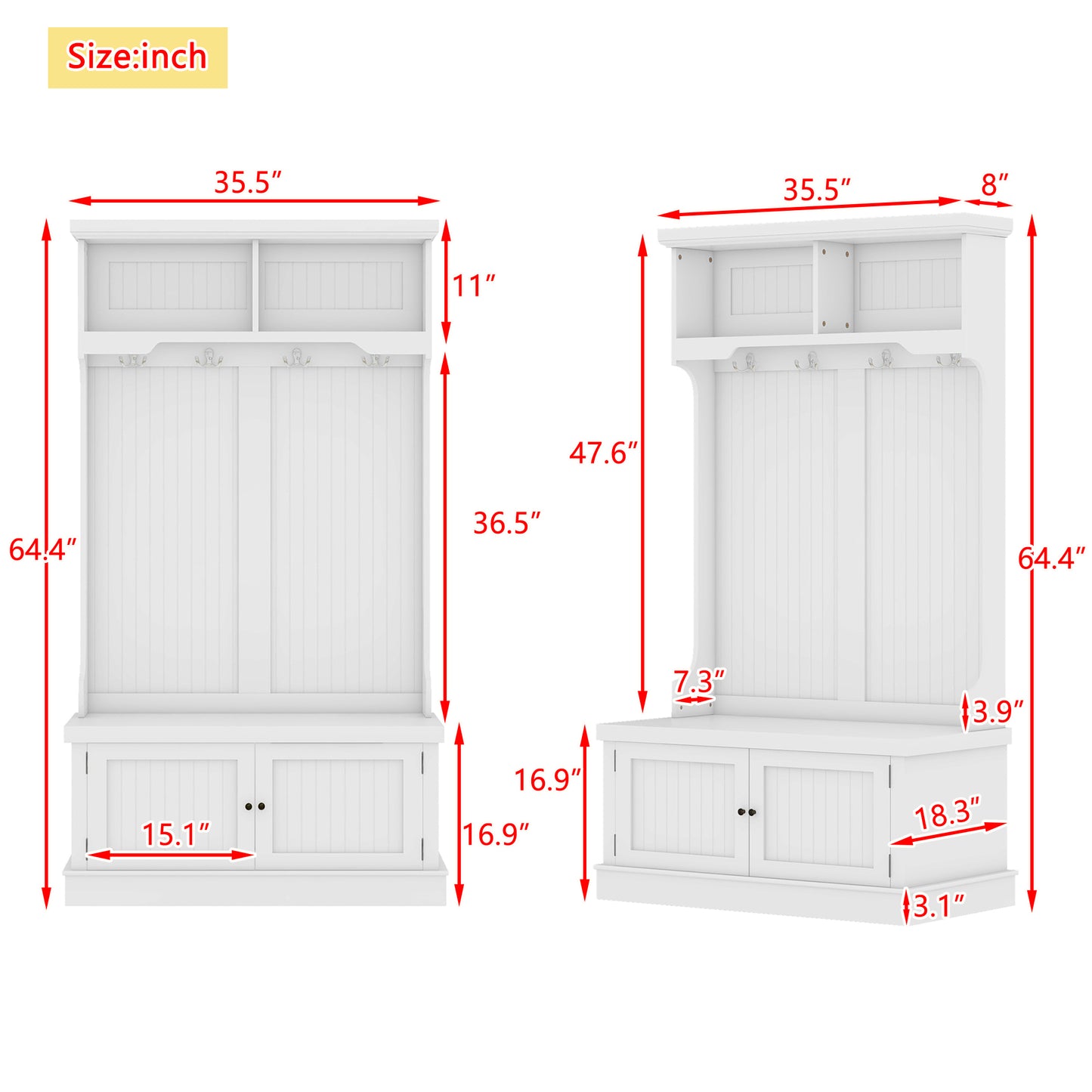 Vimora™ - White Hall Tree with Storage Shoe Bench and Coat Racks