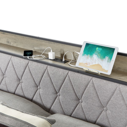 Vimora™ - Full Size Grey Bed Frame with Charging Station, USB Ports & Storage Headboard