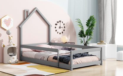 Vimora™ - Twin Size Grey House-Shaped Bed with Guardrails & Pine Wood Frame