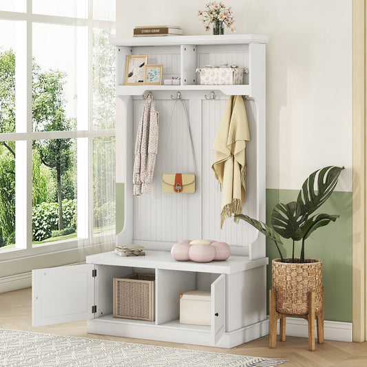 Vimora™ - White Hall Tree with Storage Shoe Bench and Coat Racks