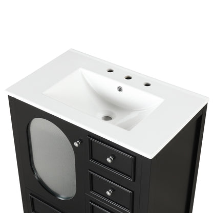 Vimora™ - Black Bathroom Vanity with Sink, Solid Wood, 3 Drawers & Moru Glass Door