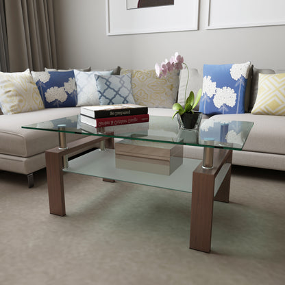 Vimora™ - Modern Rectangle Walnut Glass Coffee Table with Double Layer Storage