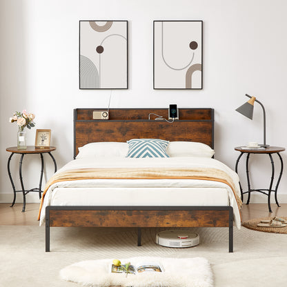 Vimora™ - Rustic Brown Full Size Bed Frame with Charging Station & USB Ports