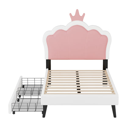 Vimora™ - Twin Size Upholstered Princess Bed with Crown Headboard and Storage Drawers, Pink/White