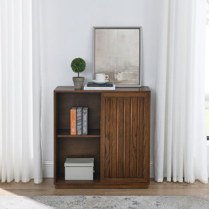 Vimora™ - Walnut Mid Century Sideboard with Sliding Doors & Solid Wood Strips for Stylish Storage