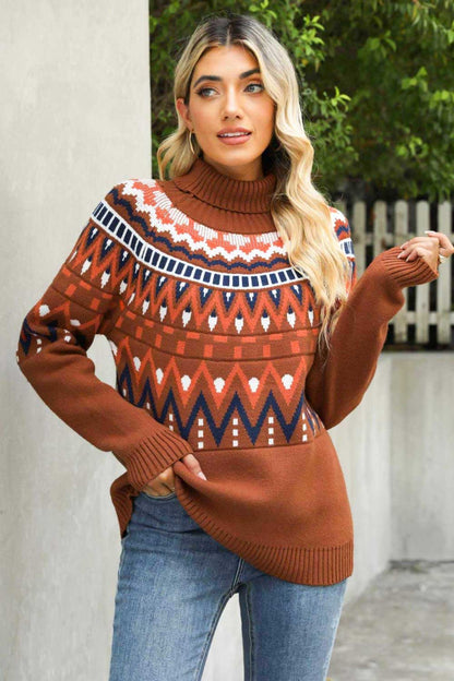 Woven Right Chevron Turtleneck Ribbed Trim Sweater