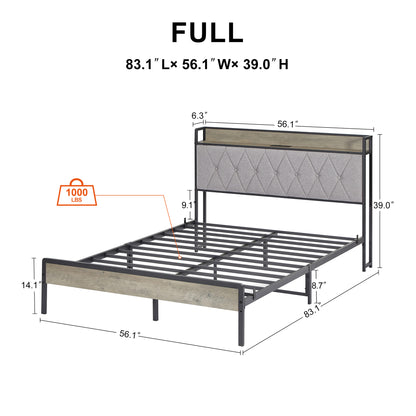 Vimora™ - Full Size Grey Bed Frame with Charging Station, USB Ports & Storage Headboard