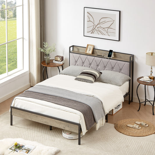 Vimora™ - Full Size Grey Bed Frame with Charging Station, USB Ports & Storage Headboard