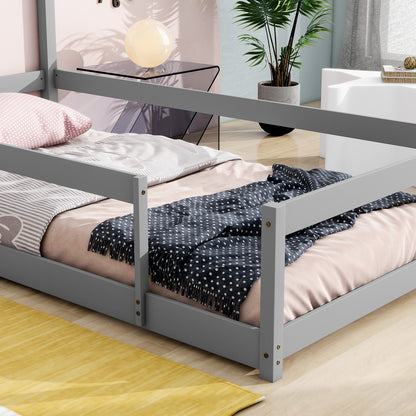 Vimora™ - Twin Size Grey House-Shaped Bed with Guardrails & Pine Wood Frame