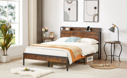 Vimora™ - Rustic Brown Full Size Bed Frame with Charging Station & USB Ports