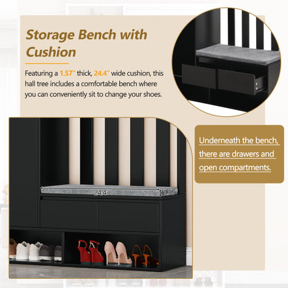 Vimora™ - Multifunctional Hall Tree with Cushioned Bench, Pegboard & Hooks in Black