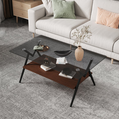 Vimora™ - Modern Rectangle Coffee Table with Tempered Gray Glass Top and Brown MDF Shelf