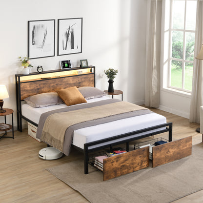 Vimora™ - Full Size Bed Frame with Storage Headboard, LED Lights & Charging Station