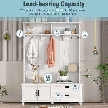 Vimora™ - Modern Hall Tree with Storage Cabinet, 2 Drawers & 5 Hooks in White