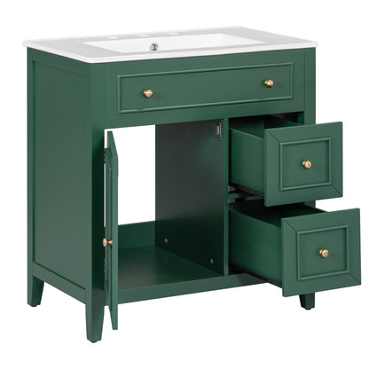 Vimora™ - 30" Green Bathroom Vanity with Sink, Cabinet, and Drawers, Solid Wood Construction