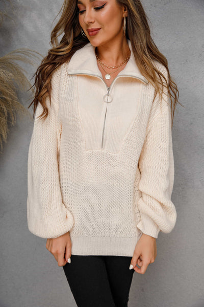 Angel Wings Collared Neck Zip-Up Knit Top