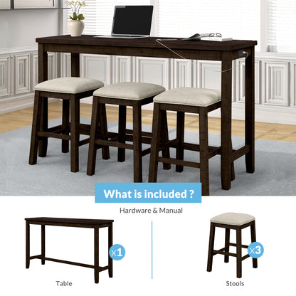 Vimora™ - Rustic Brown Counter Height Dining Set with Padded Stools and Built-in Charging