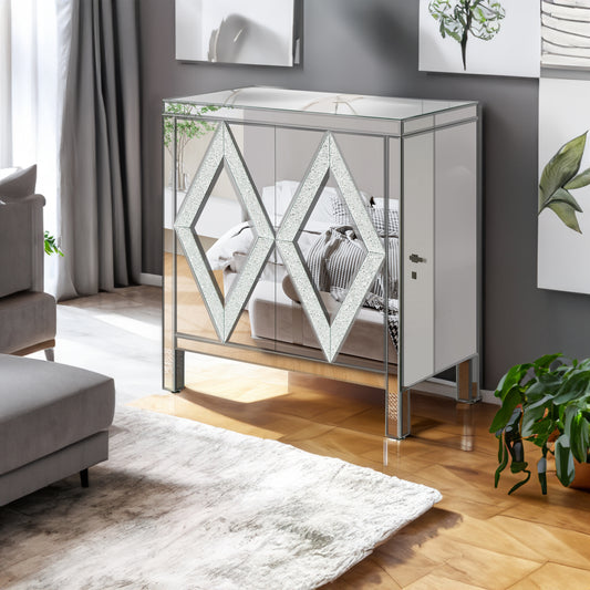 Vimora™ - Silver Storage Cabinet with Mirror Trim and Diamond Design