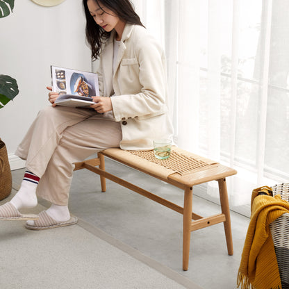Vimora™ - Woven Design Oak Wood Dining Bench for Entryway, Bedroom, and Living Room