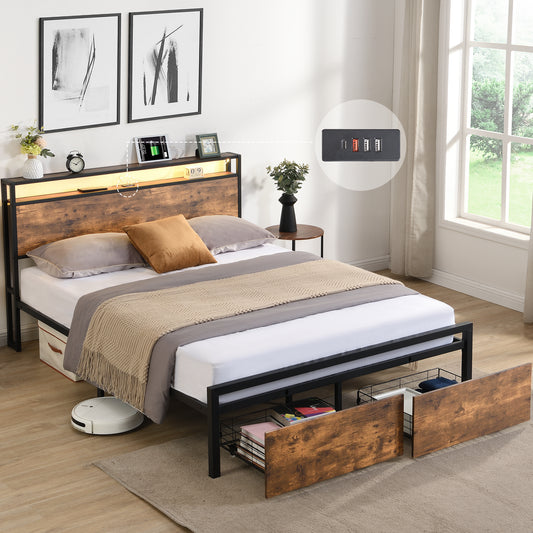 Vimora™ - Queen Size LED Bed Frame with Storage Headboard, Drawers & Charging Station