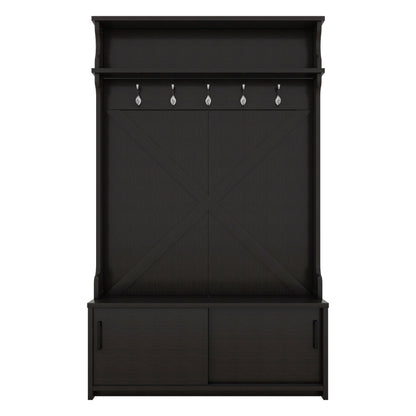 Vimora™ - Black Hall Tree with Storage Bench, Sliding Door & 5 Hooks