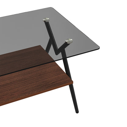 Vimora™ - Modern Rectangle Coffee Table with Tempered Gray Glass Top and Brown MDF Shelf
