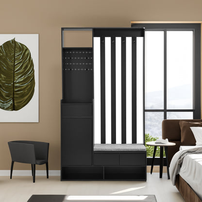 Vimora™ - Multifunctional Hall Tree with Cushioned Bench, Pegboard & Hooks in Black