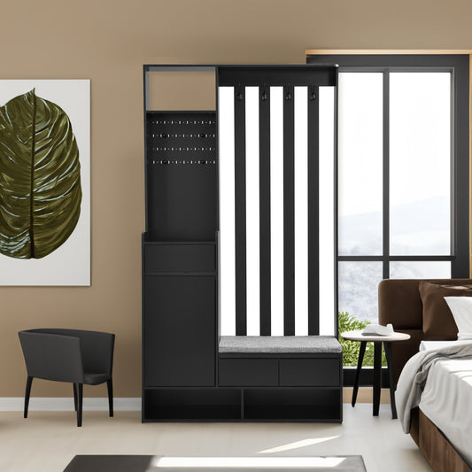 Vimora™ - Multifunctional Hall Tree with Cushioned Bench, Pegboard & Hooks in Black