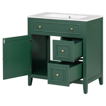 Vimora™ - 30" Green Bathroom Vanity with Sink, Cabinet, and Drawers, Solid Wood Construction