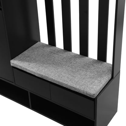 Vimora™ - Multifunctional Hall Tree with Cushioned Bench, Pegboard & Hooks in Black