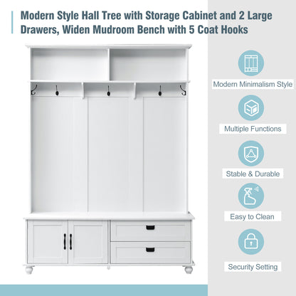Vimora™ - Modern Hall Tree with Storage Cabinet, 2 Drawers & 5 Hooks in White