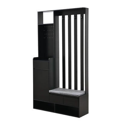 Vimora™ - Multifunctional Hall Tree with Cushioned Bench, Pegboard & Hooks in Black