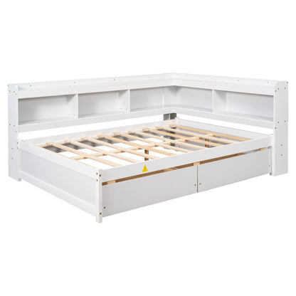 Vimora™ - Full Bed with L-shaped Bookcases and Storage Drawers in White