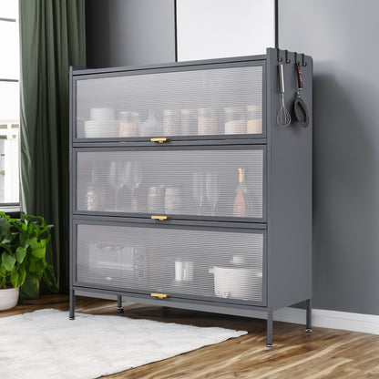 Vimora™ - 3 Tier Metal Pantry Storage Cabinet with Microwave Rack & Adjustable Hooks