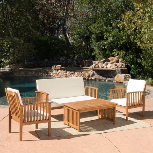 Vimora™ - Brown Acacia Wood 4PC Patio Conversation Set with Water-Resistant Cushions