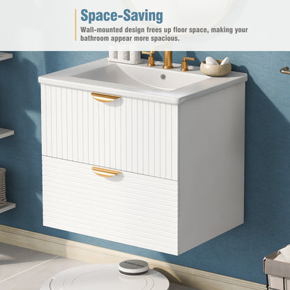 Vimora™ - Modern 24-Inch White Wall-Mounted Bathroom Vanity with 2 Drawers