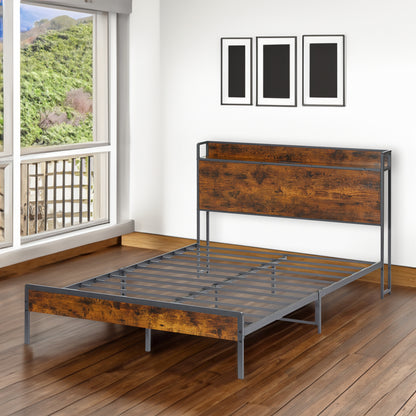Vimora™ - Rustic Brown Full Size Bed Frame with Charging Station & USB Ports