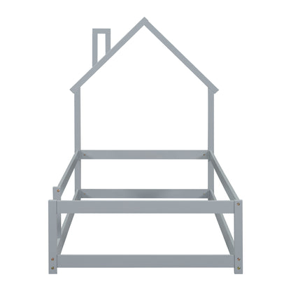 Vimora™ - Twin Size Grey House-Shaped Bed with Guardrails & Pine Wood Frame
