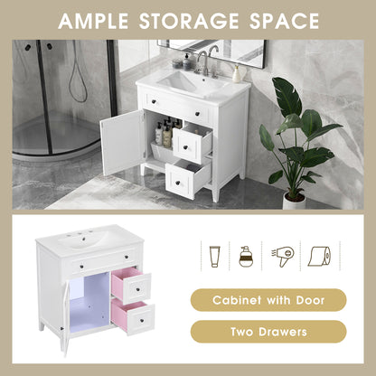 Vimora™ - 30" White Bathroom Vanity with Sink, Solid Wood Cabinet & Drawers, Modern Design