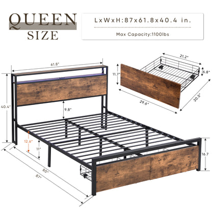 Vimora™ - Queen Size LED Bed Frame with Storage Headboard, Drawers & Charging Station