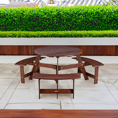 Vimora™ - Outdoor 6-Person Round Wooden Picnic Table with 3 Benches & Umbrella Hole