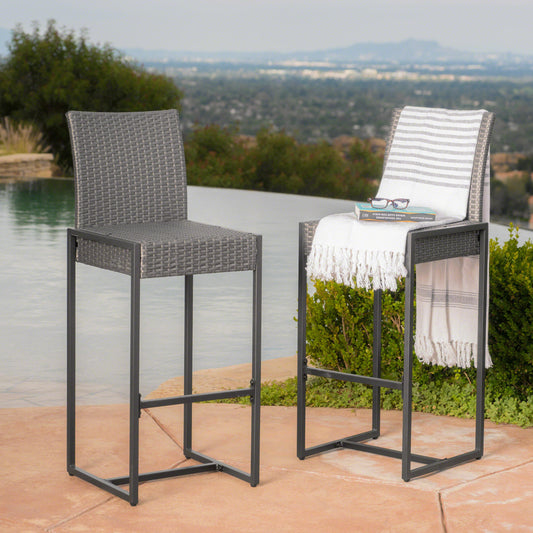 Vimora™ - Grey Polyethylene Rattan Outdoor Wicker Barstool Set of 2, stylish and perfect for outdoor relaxation.