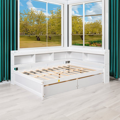 Vimora™ - Full Bed with L-shaped Bookcases and Storage Drawers in White