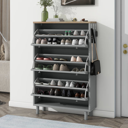 Vimora™ - Grey Narrow Design Shoe Cabinet with 3 Flip Drawers & Hooks