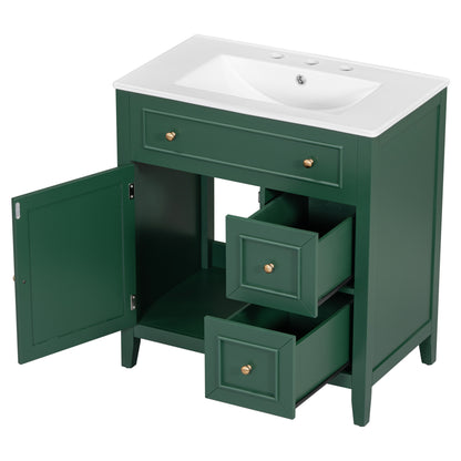 Vimora™ - 30" Green Bathroom Vanity with Sink, Cabinet, and Drawers, Solid Wood Construction