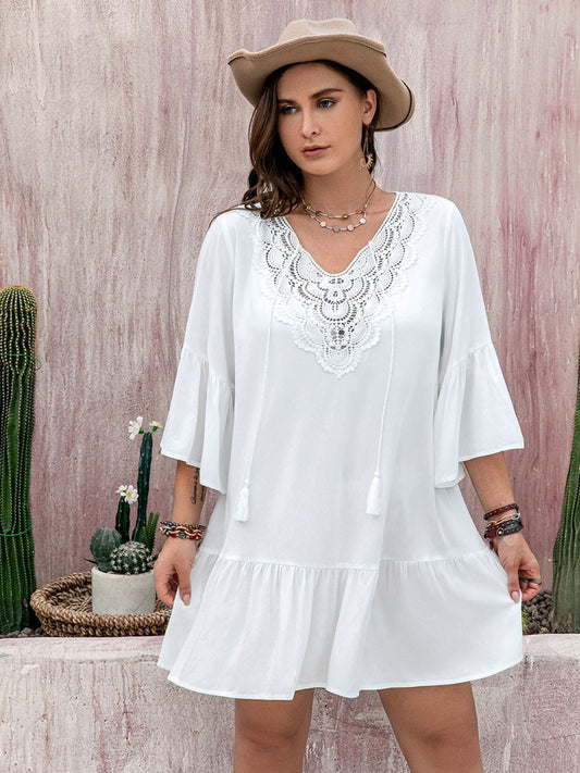 Plus Size Lace Detail Tie Neck Three-Quarter Sleeve Mini Dress