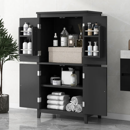 Vimora™ - Elegant Black Bathroom Floor Storage Cabinet with 4 Doors and Adjustable Shelves