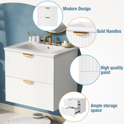 Vimora™ - Modern 24-Inch White Wall-Mounted Bathroom Vanity with 2 Drawers