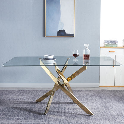 Vimora™ - Modern Gold Glass Dining Table with Chrome Base, Rectangular Tempered Top